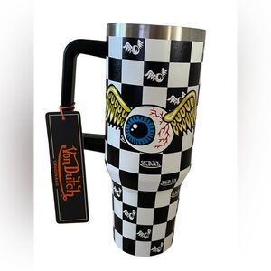 Von Dutch Black and White Checkered Mug with Blue Eye and Yellow Wings